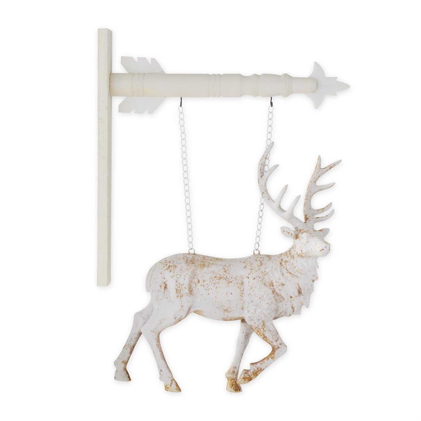 Distressed white deer arrow replacement with hanging chains and rust-speckled finish