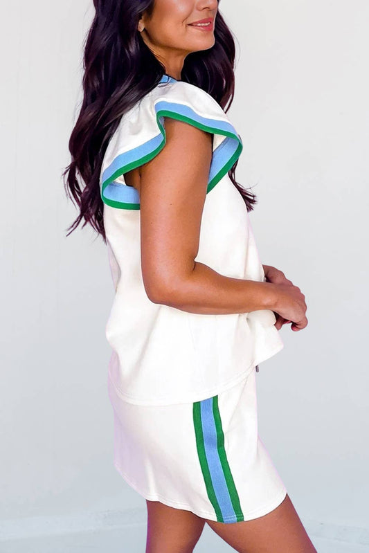 LAST CHANCE - Colorblock Cap Sleeve Collared Top 2 Piece Skirt Set | M