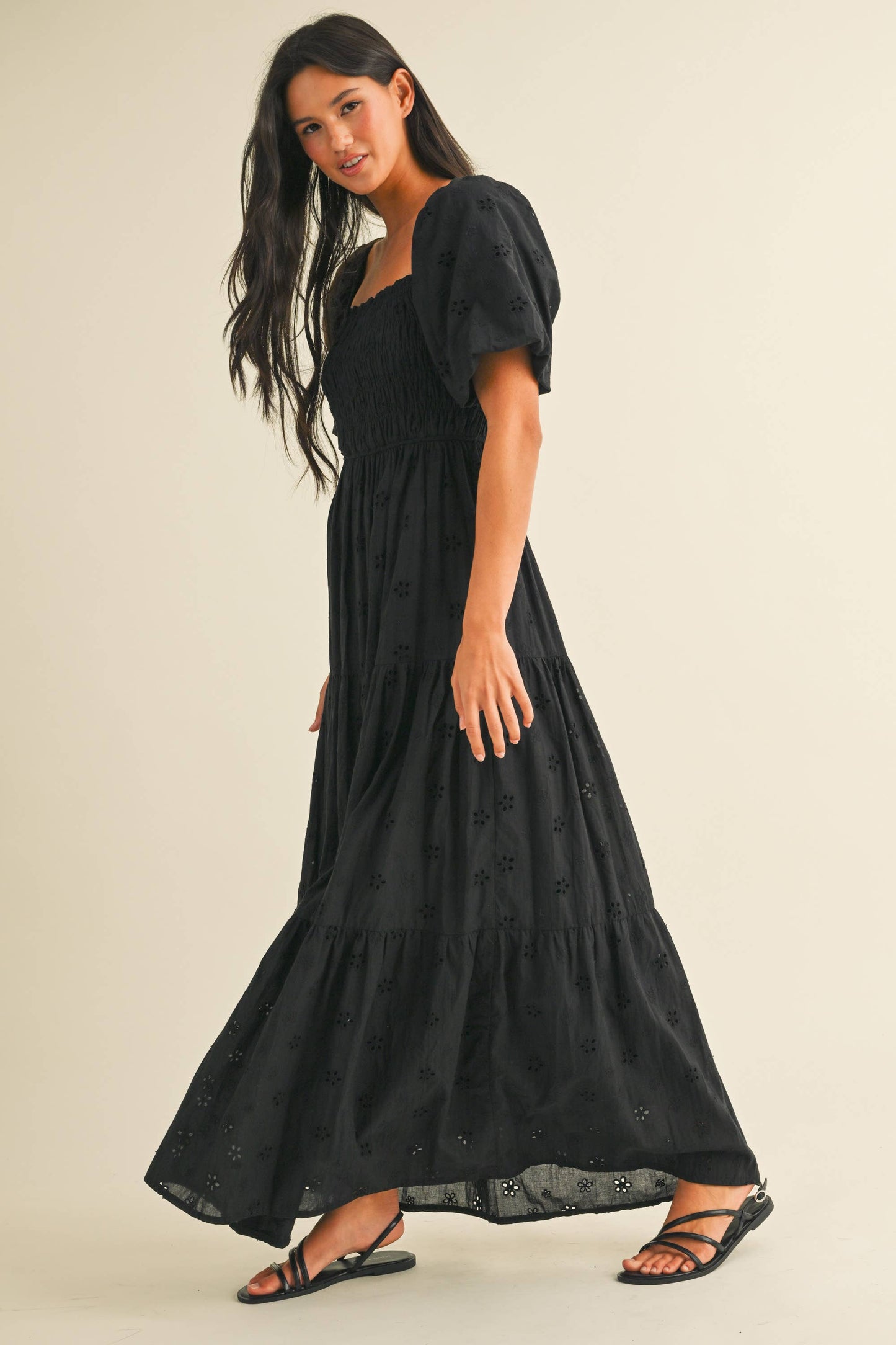 ID8852 EYELET PUFF SLEEVES MIDI DRESS WITH SMOCKING