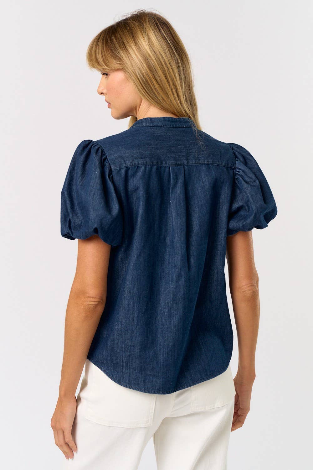 ILT5102 Denim Button Down Top With Short Puff Sleeves