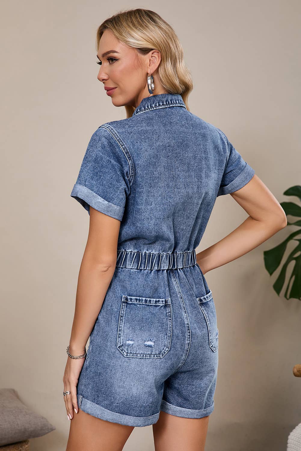 Chest Pocket Front Buttoned Short Sleeve Denim Romper | S-XL