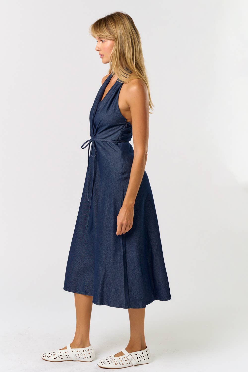 ILD5158 HALTER NECK DENIM MAXI DRESS