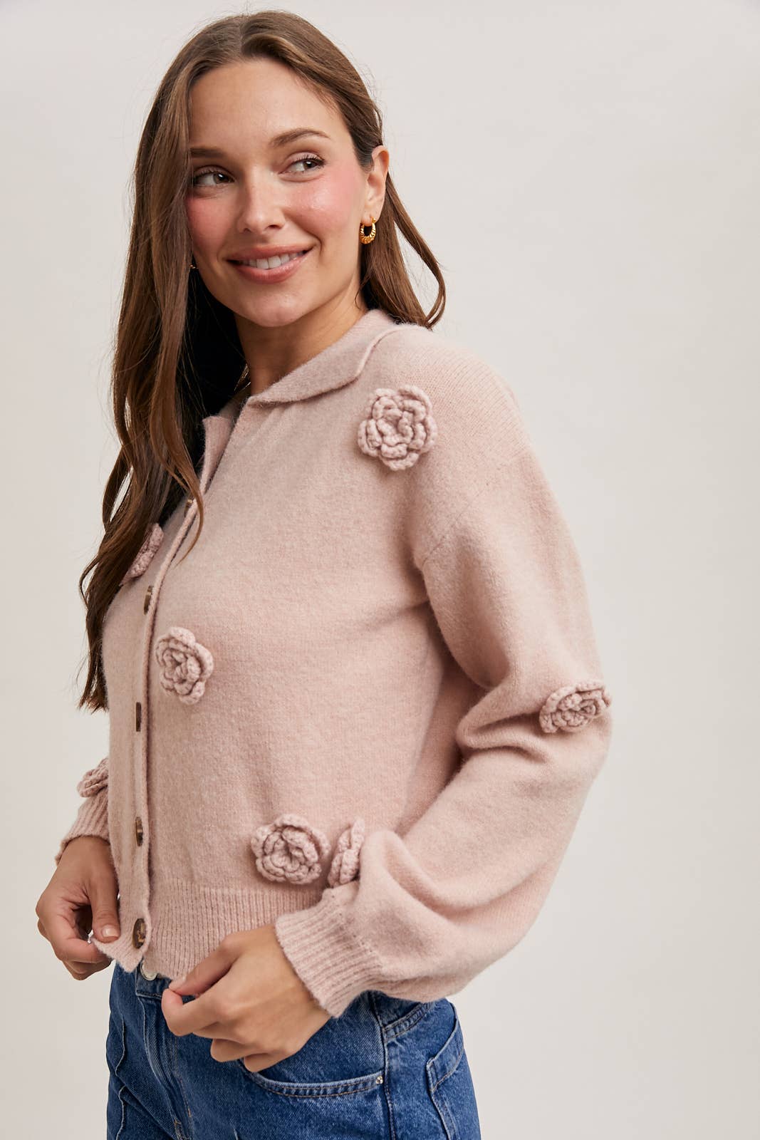 FLORAL EMBROIDERY BUTTON DOWN COLLAR KNIT CARDIGAN