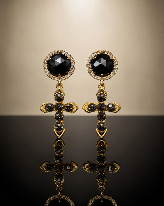 Croix Noir Earrings — Black Agate and Smoky Zirconia