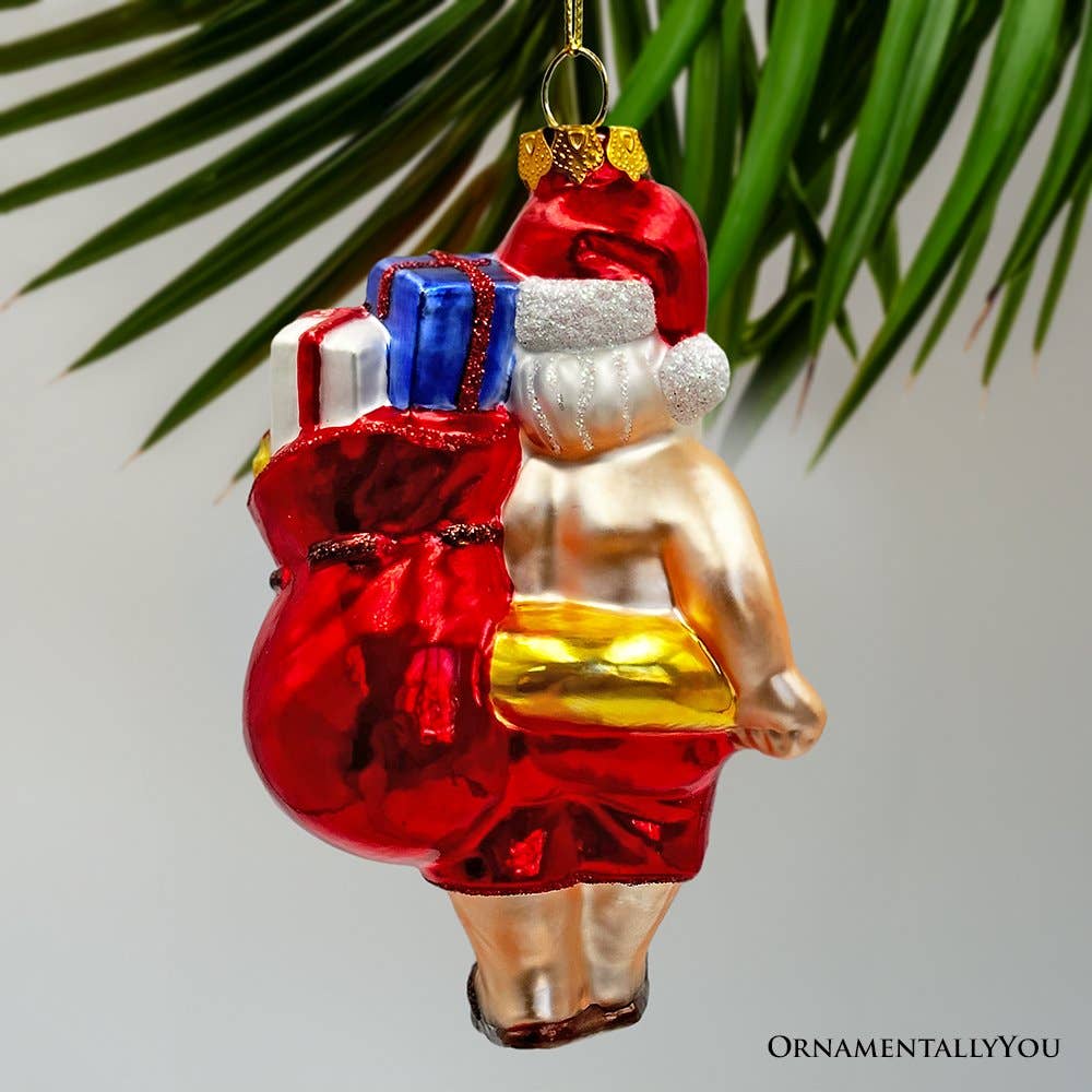 Santa on Summer Vacation in the Pool Quirky Glass Ornament