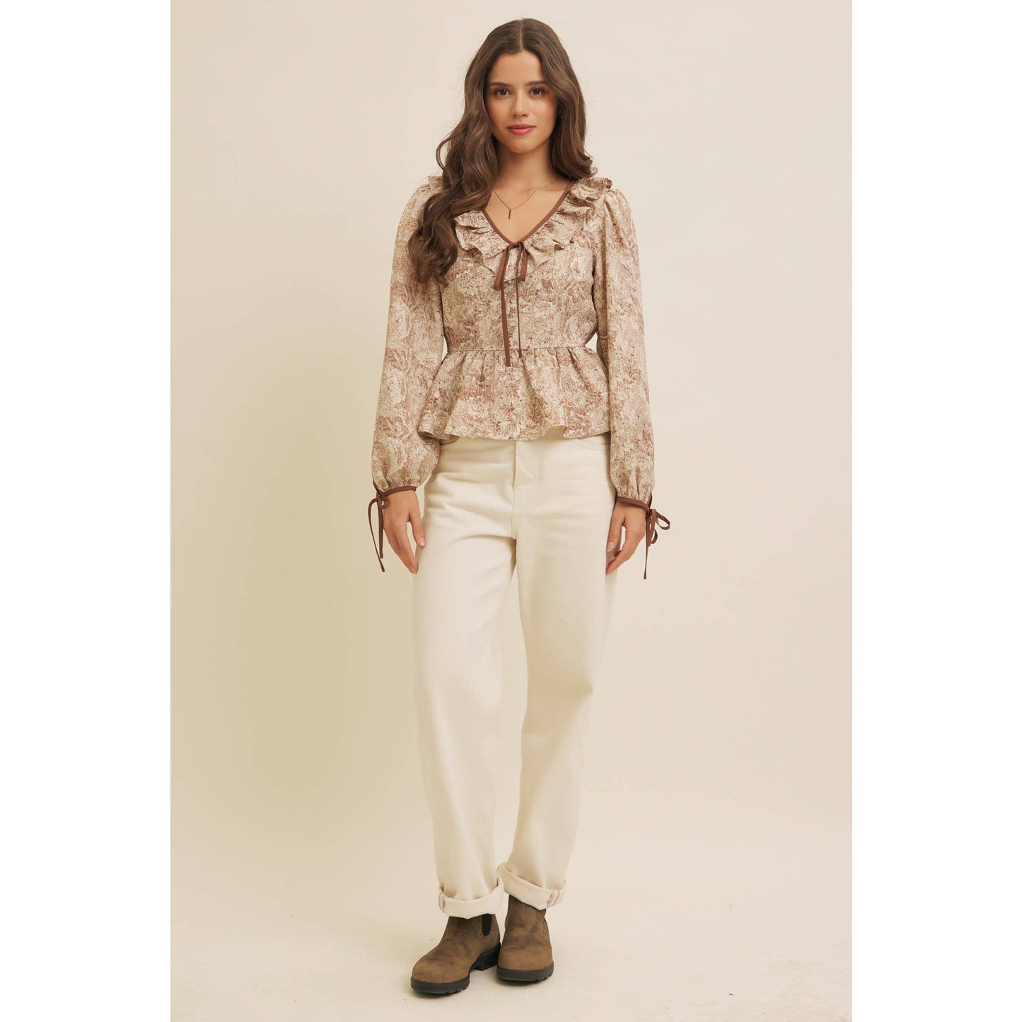 TOILE PRINTED BABYDOLL BLOUSE WITH BALLOON SLEEVES