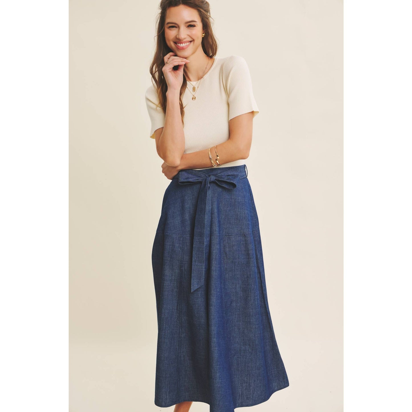 EFFORTLESS MIX OF COZY AND POLISHED TWOFER DENIM DRESS