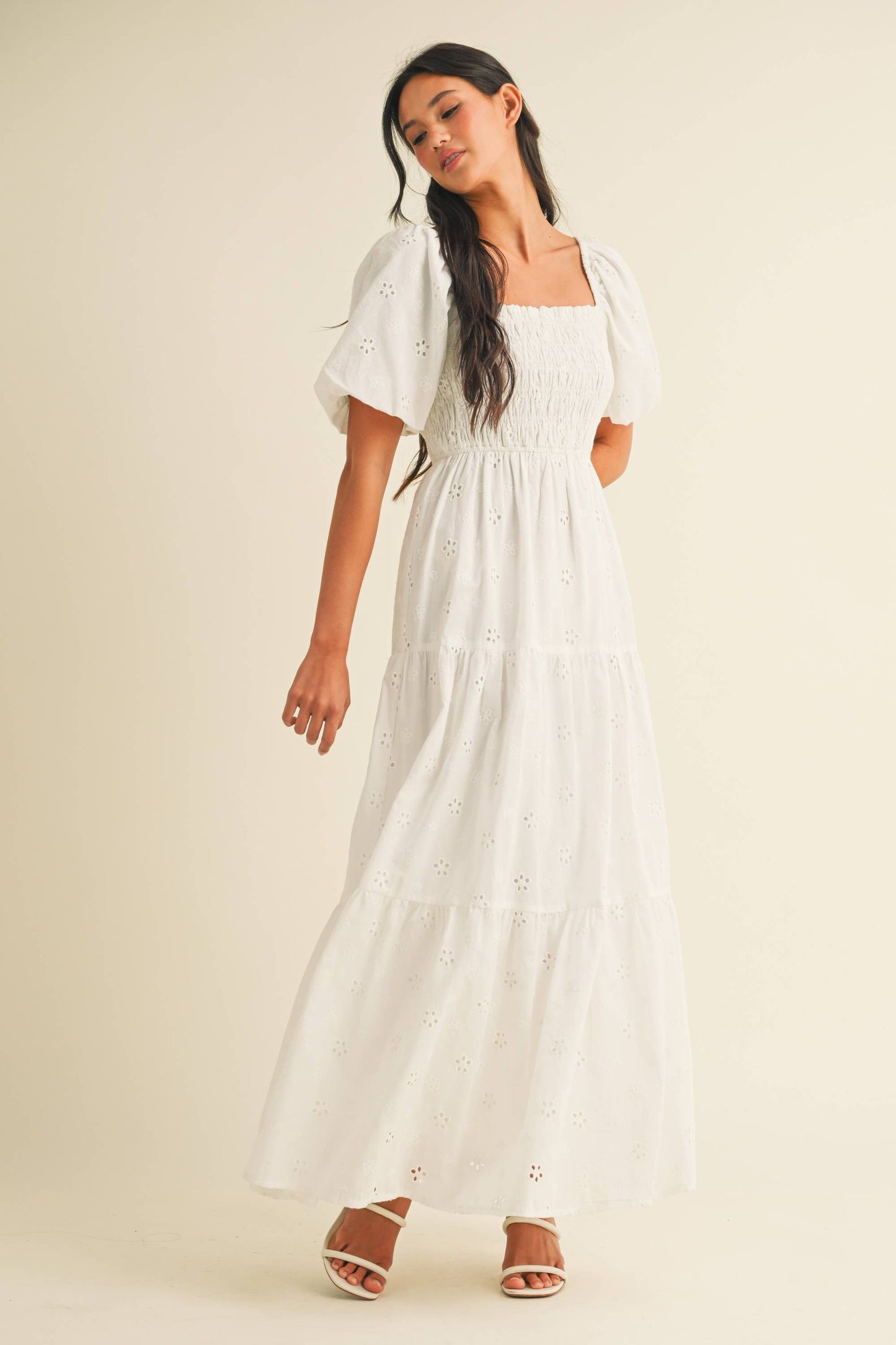 ID8852 EYELET PUFF SLEEVES MIDI DRESS WITH SMOCKING