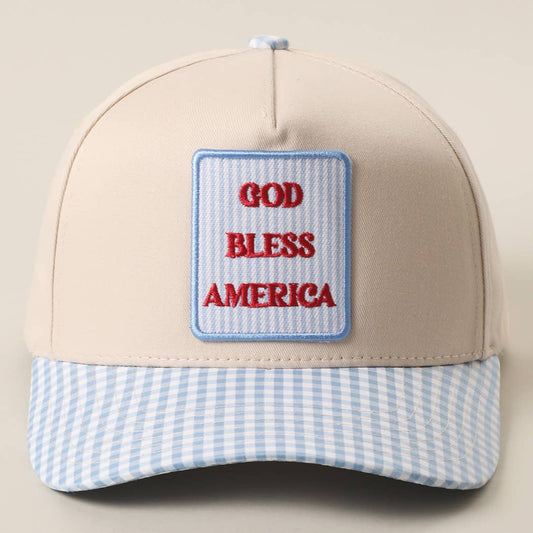 GOD BLESS AMERICA Embroidered Patch Gingham Trucker Hat