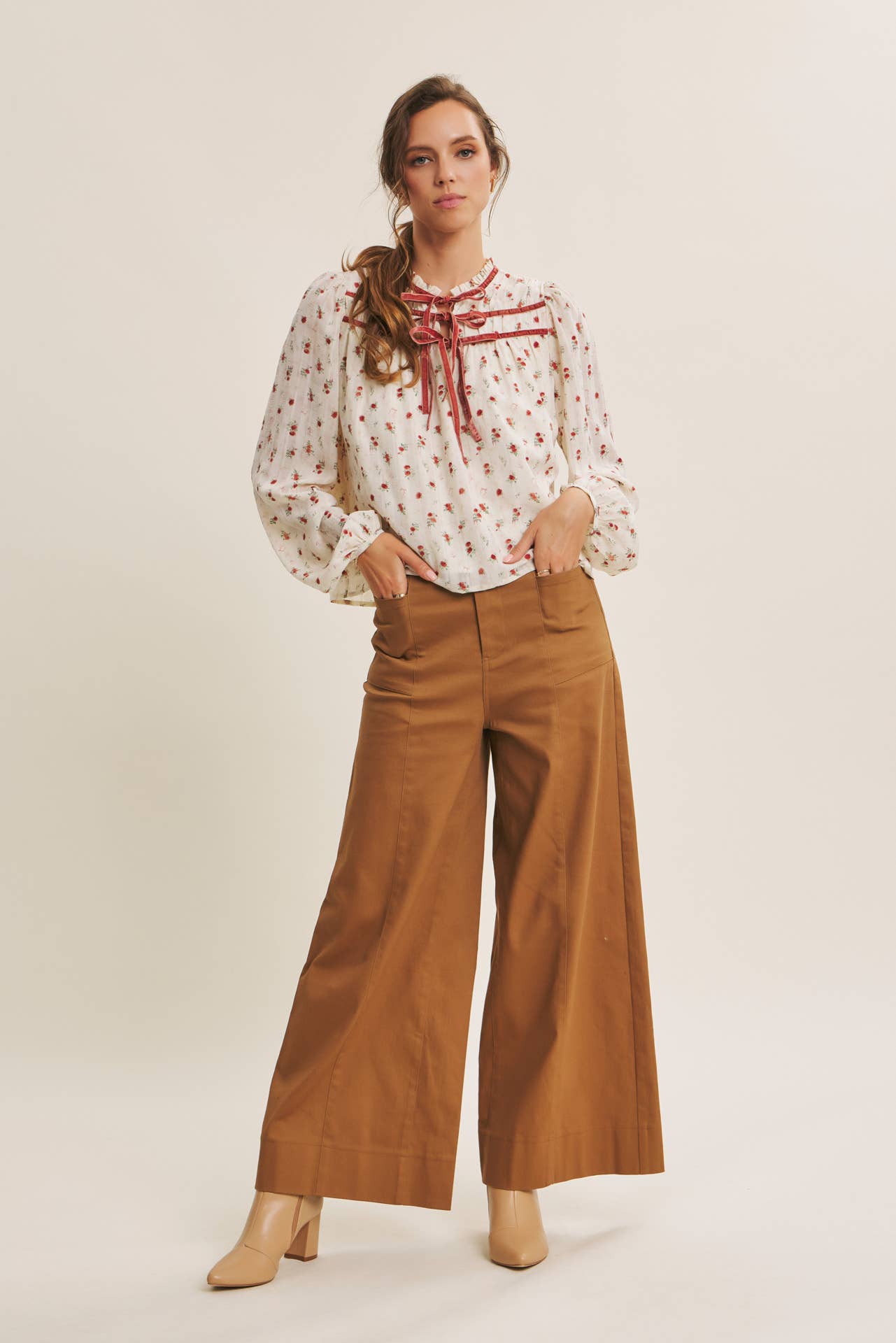 BREEZY FALL DAYS VELVET FLORAL BLOUSE WITH DELICATE RUFFLES