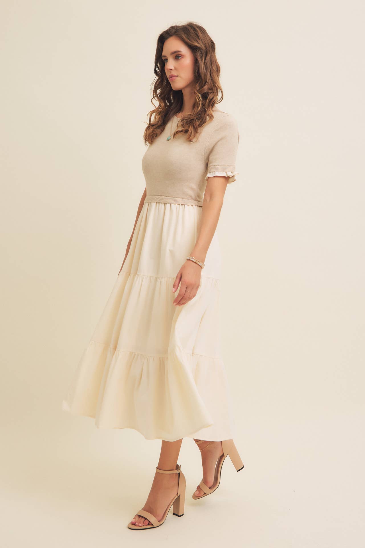TIERED MIDI DRESS WITH SWEATER TOP AND WOVEN SKIRT