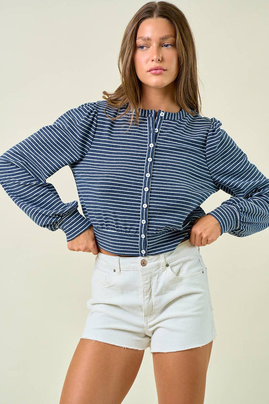 STRIPED KNIT BUTTON FRONT BLOUSON TOP