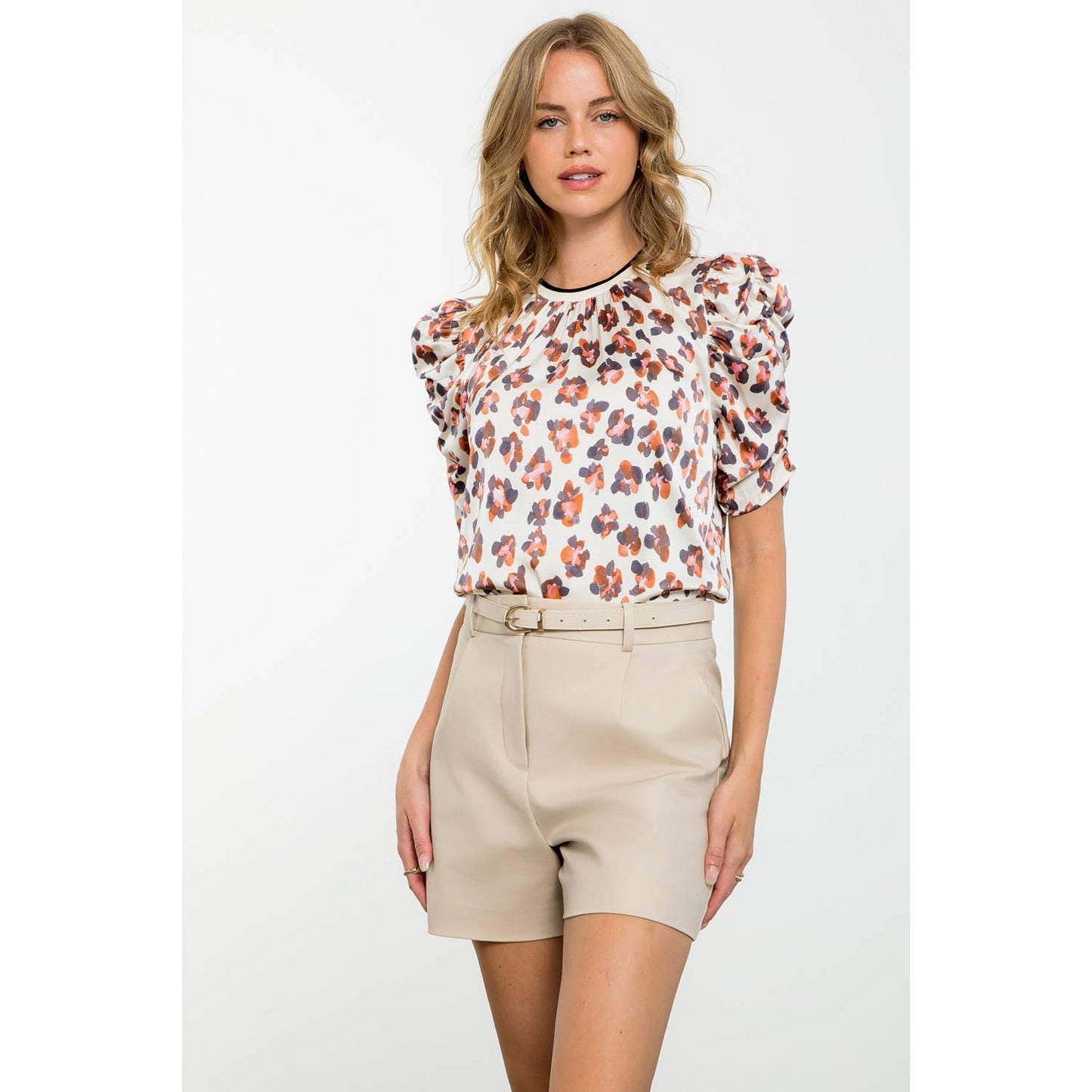 Ruched Sleeve Print Top