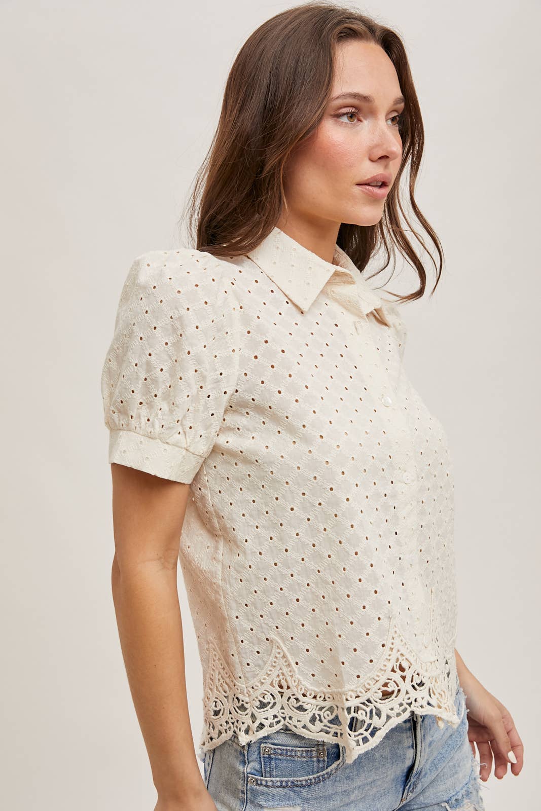 EYELET LACE TRIMMED BUBBLE SLEEVE SHIRT BLOUSE
