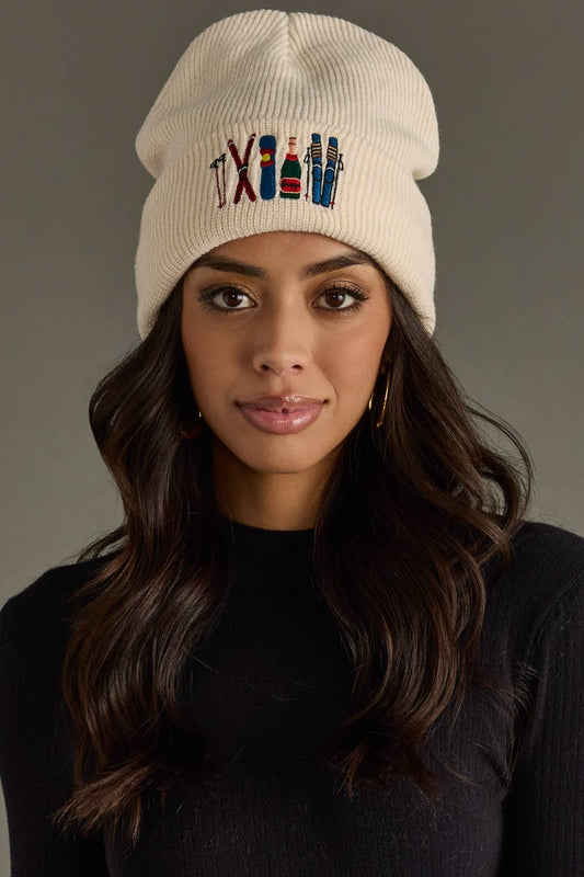 Beige Ski Embroidered Knit Beanie