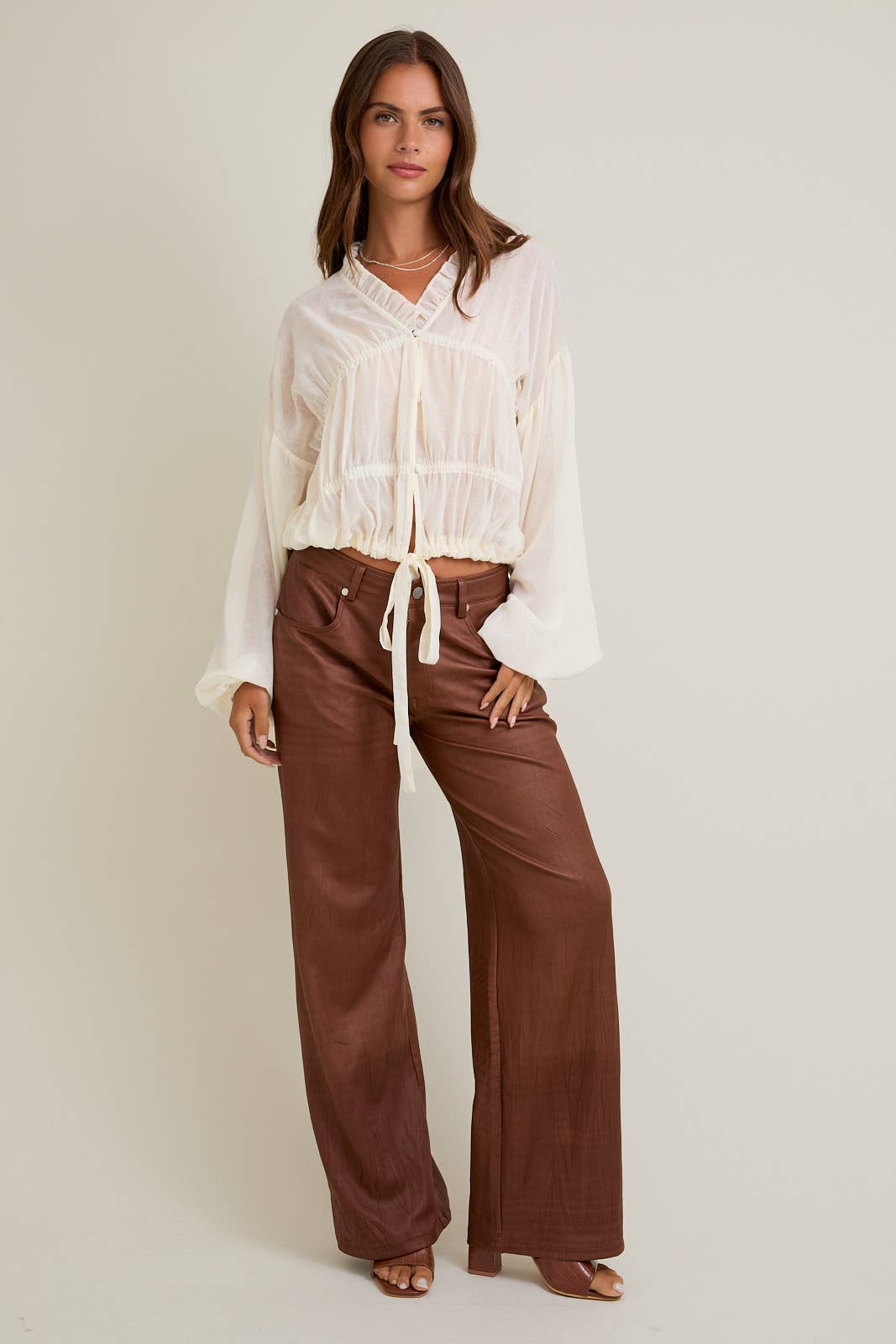 LONG SLEEVES BLOUSE TOP WITH RUFFLE DETAIL ON NECKLINE