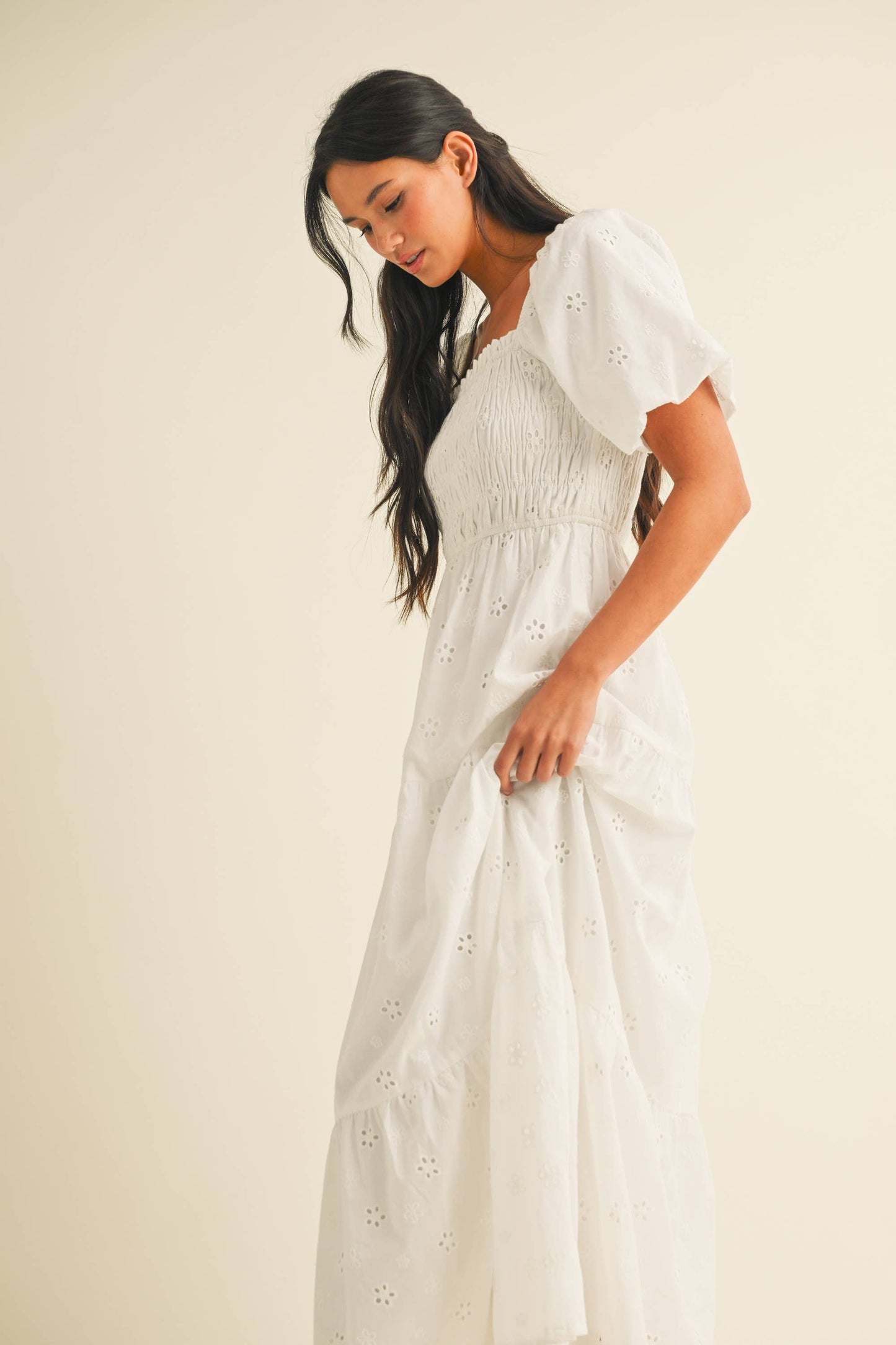 ID8852 EYELET PUFF SLEEVES MIDI DRESS WITH SMOCKING