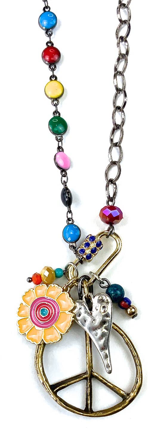 LS187 NK-Short Enameled Dot Chain w/Peace Sign & Mixed