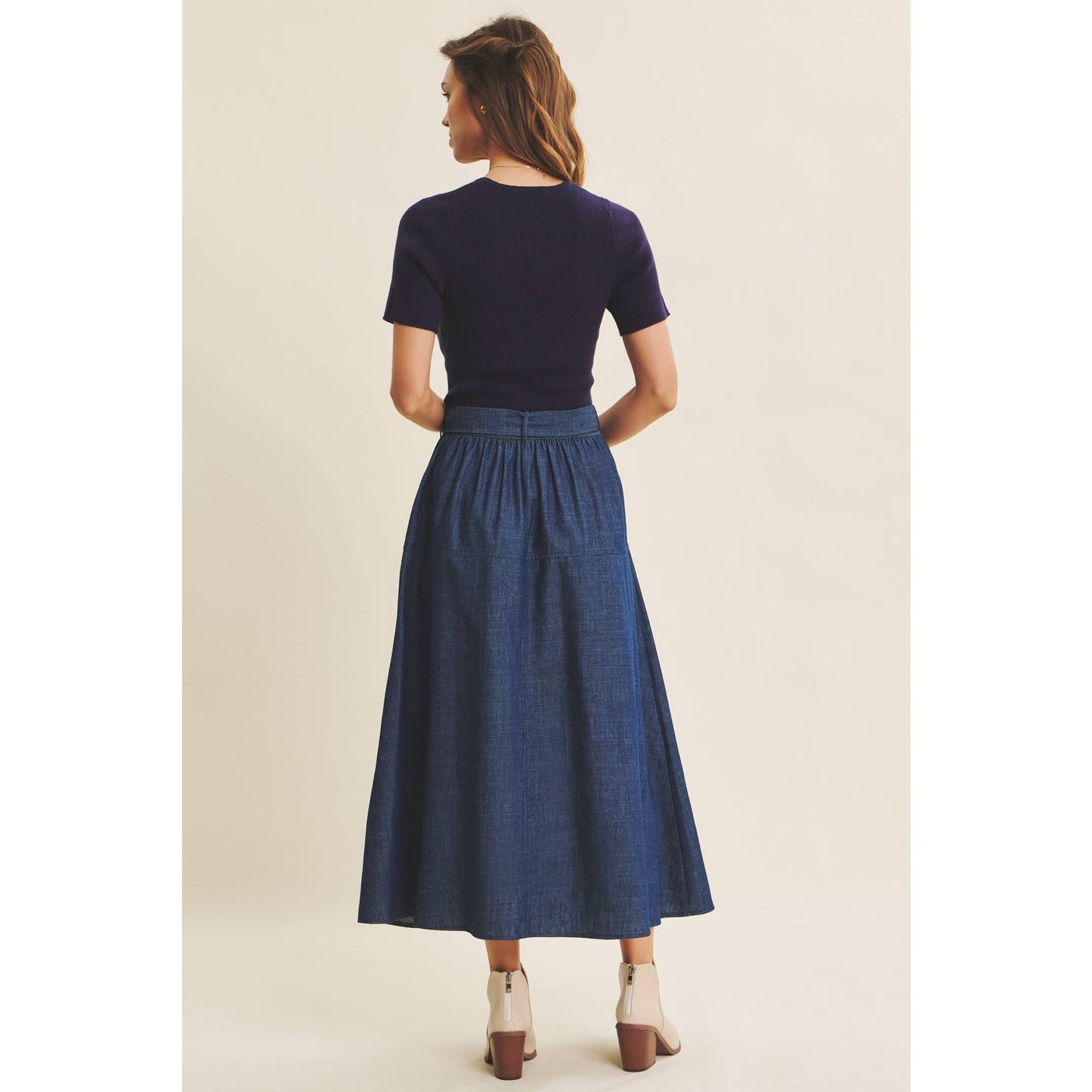 EFFORTLESS MIX OF COZY AND POLISHED TWOFER DENIM DRESS