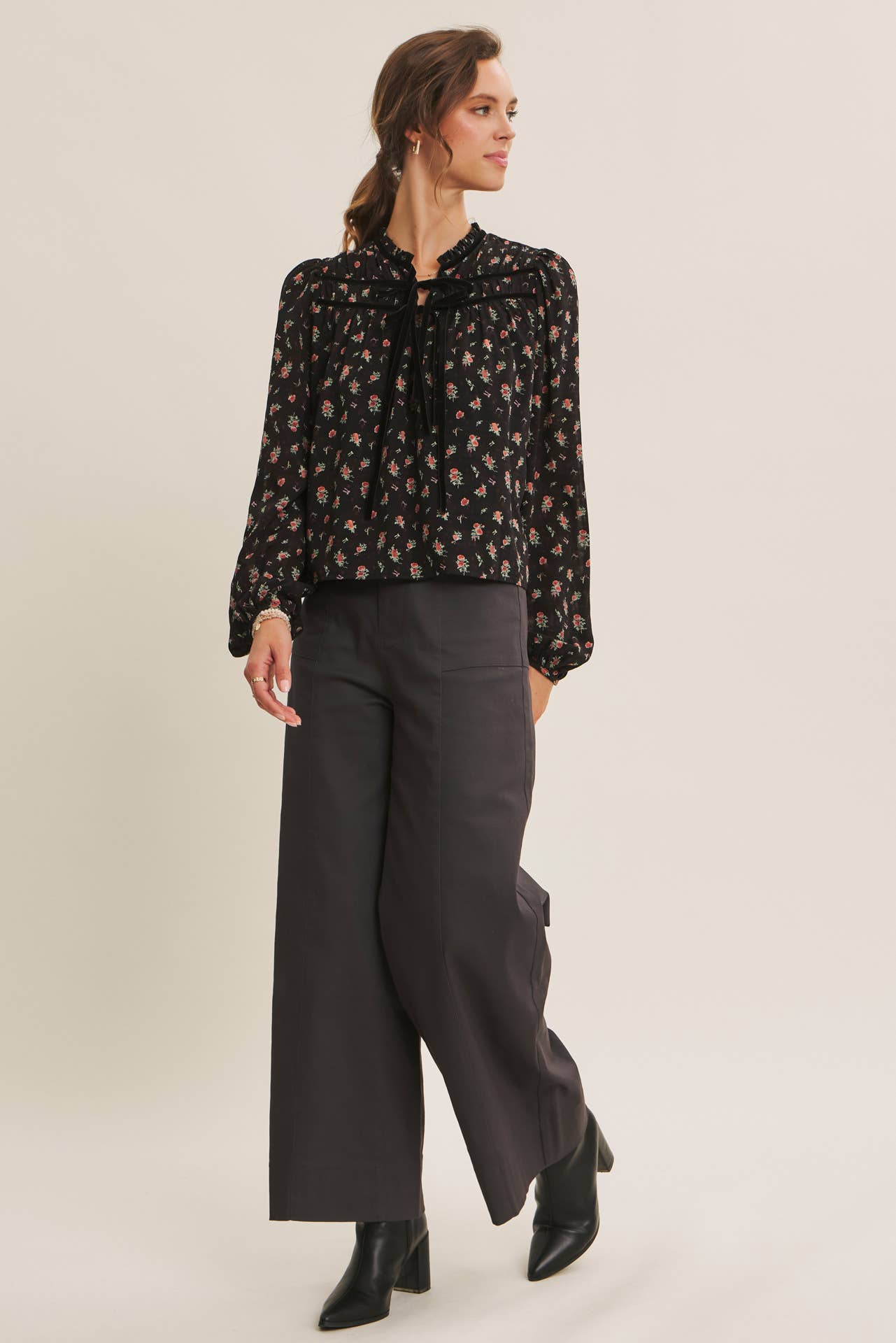 BREEZY FALL DAYS VELVET FLORAL BLOUSE WITH DELICATE RUFFLES