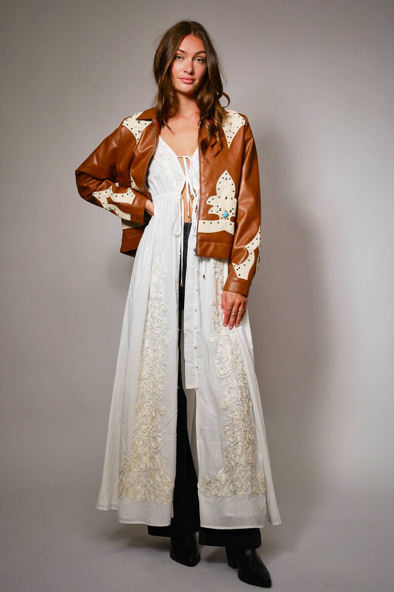 23526J - Faux Leather Studded Oversized Zip-Up Jacket
