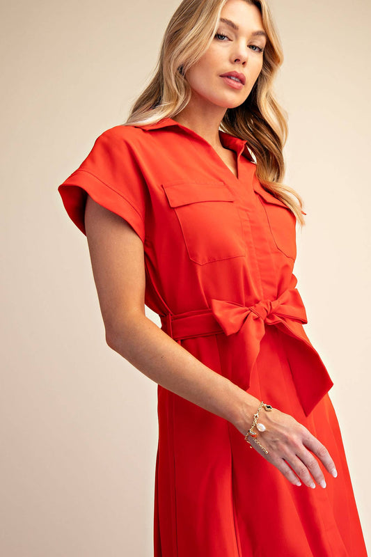 Collar V-neck Button Down Midi Dress