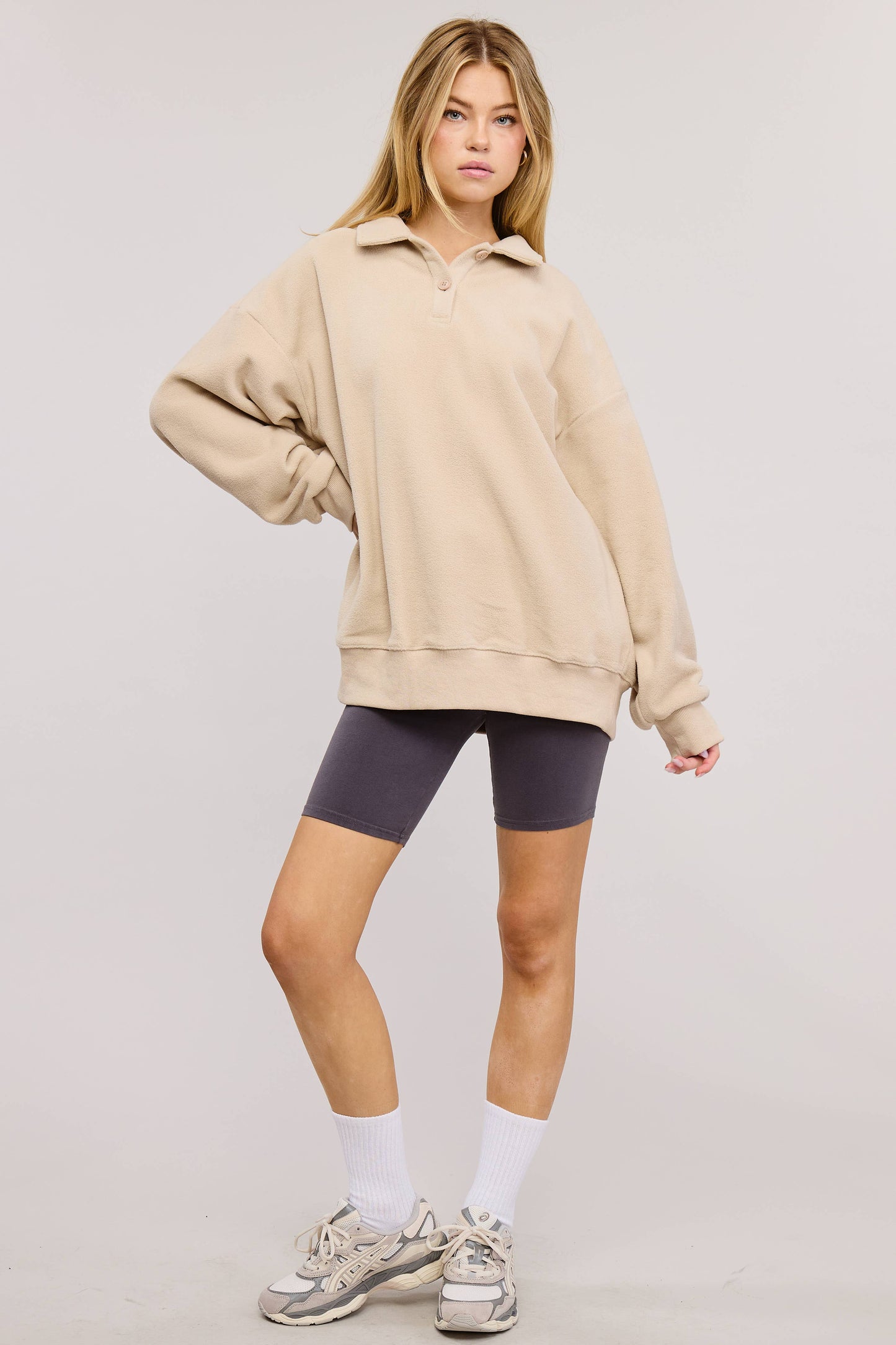 Teddy Velour Buttoned Collar Pullover Knit Sweater