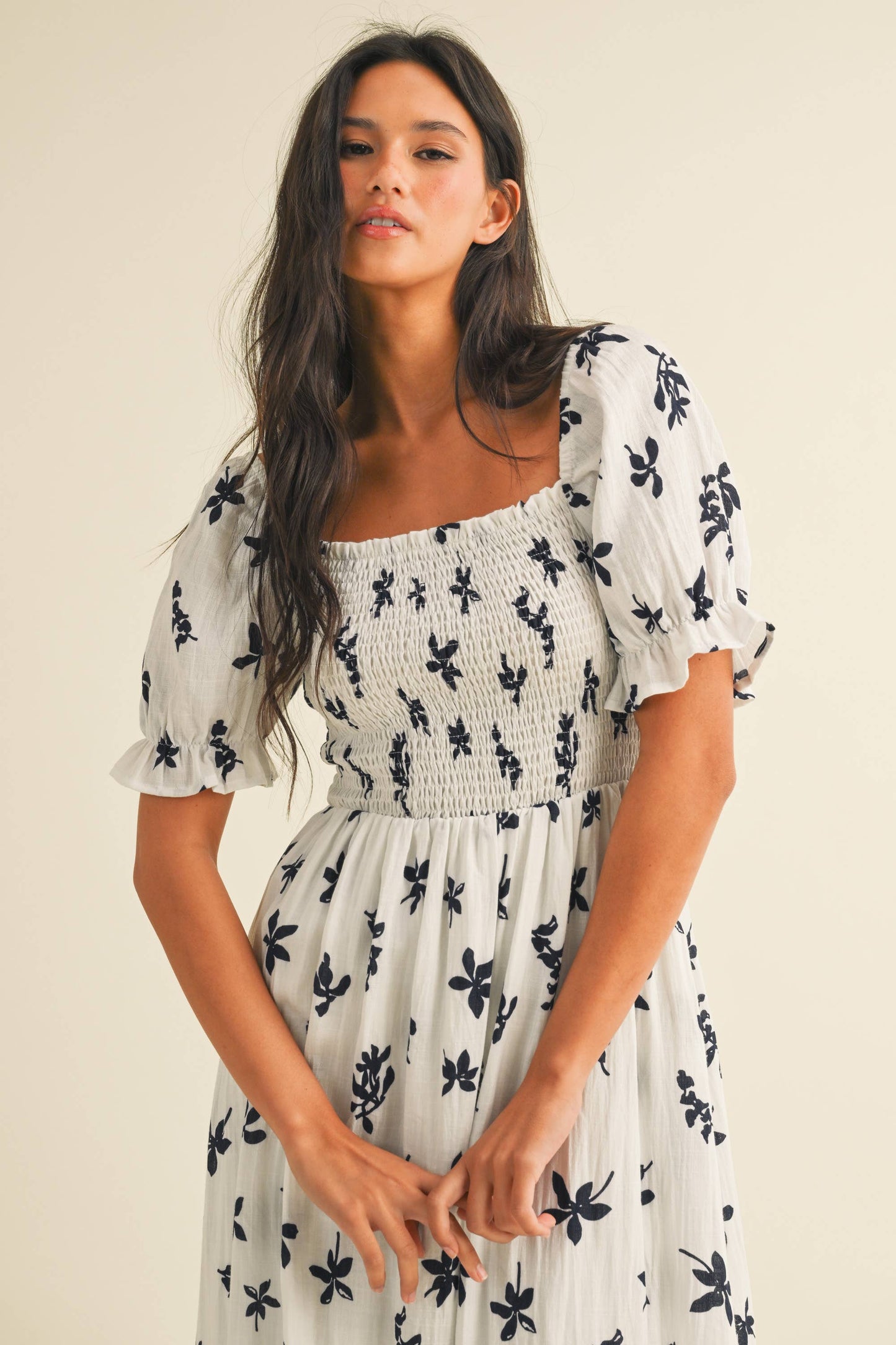 ID8847-A FLORAL MIDI PUFF SLEEVES DRESS