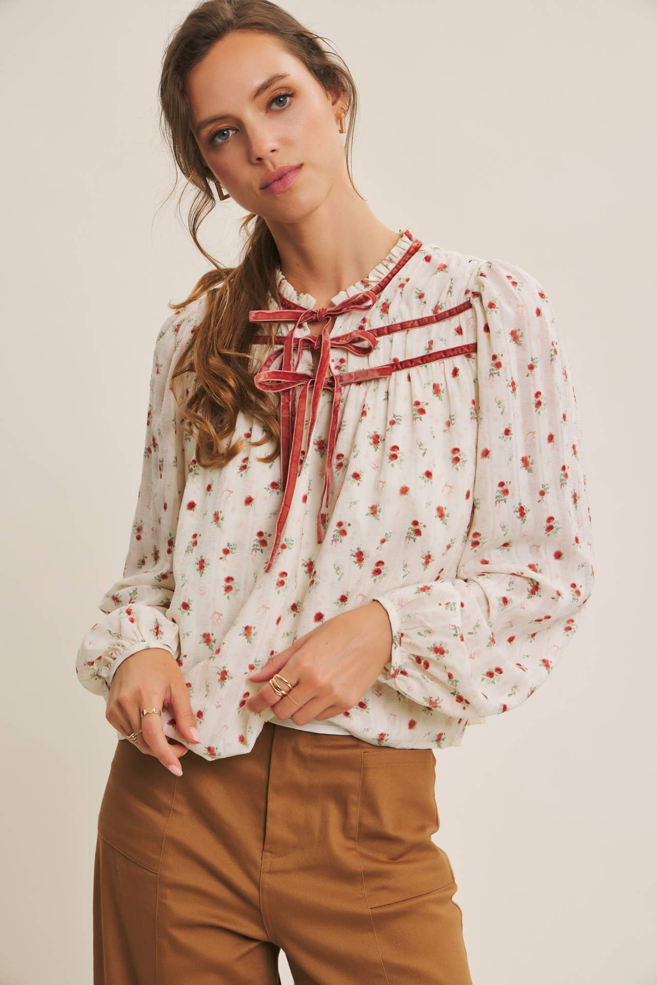 BREEZY FALL DAYS VELVET FLORAL BLOUSE WITH DELICATE RUFFLES