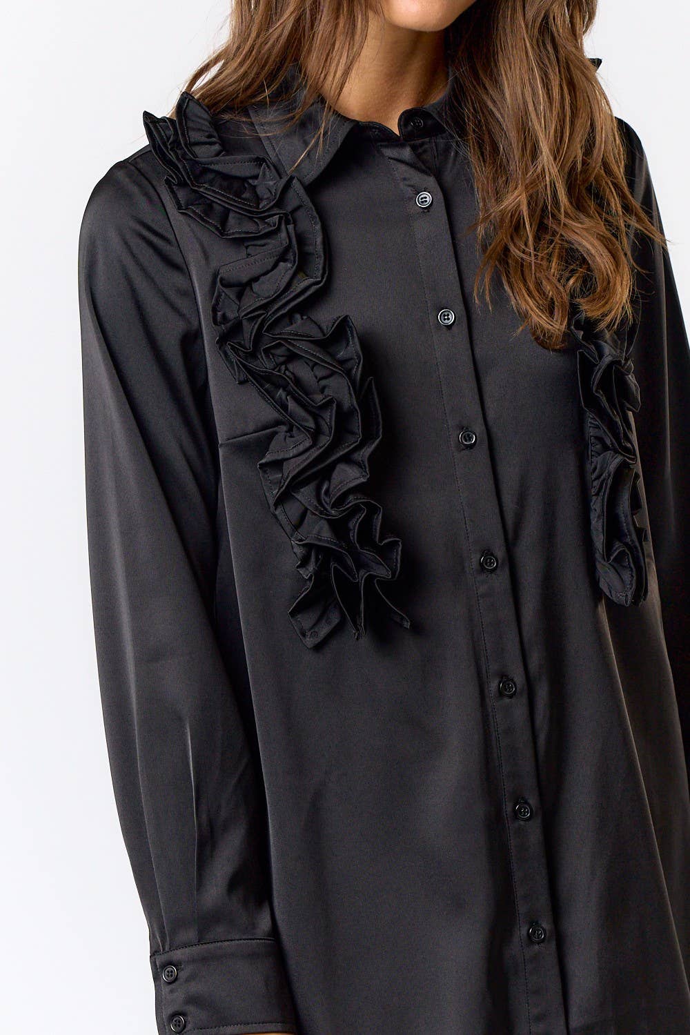 ILD4237 SATIN RUFFLE DETAIL BUTTON DOWN SHIRT DRESS
