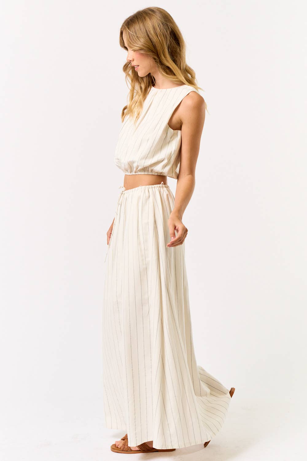 ILS5669 Stripe Cropped Bubble Top With Matching Maxi Skirt