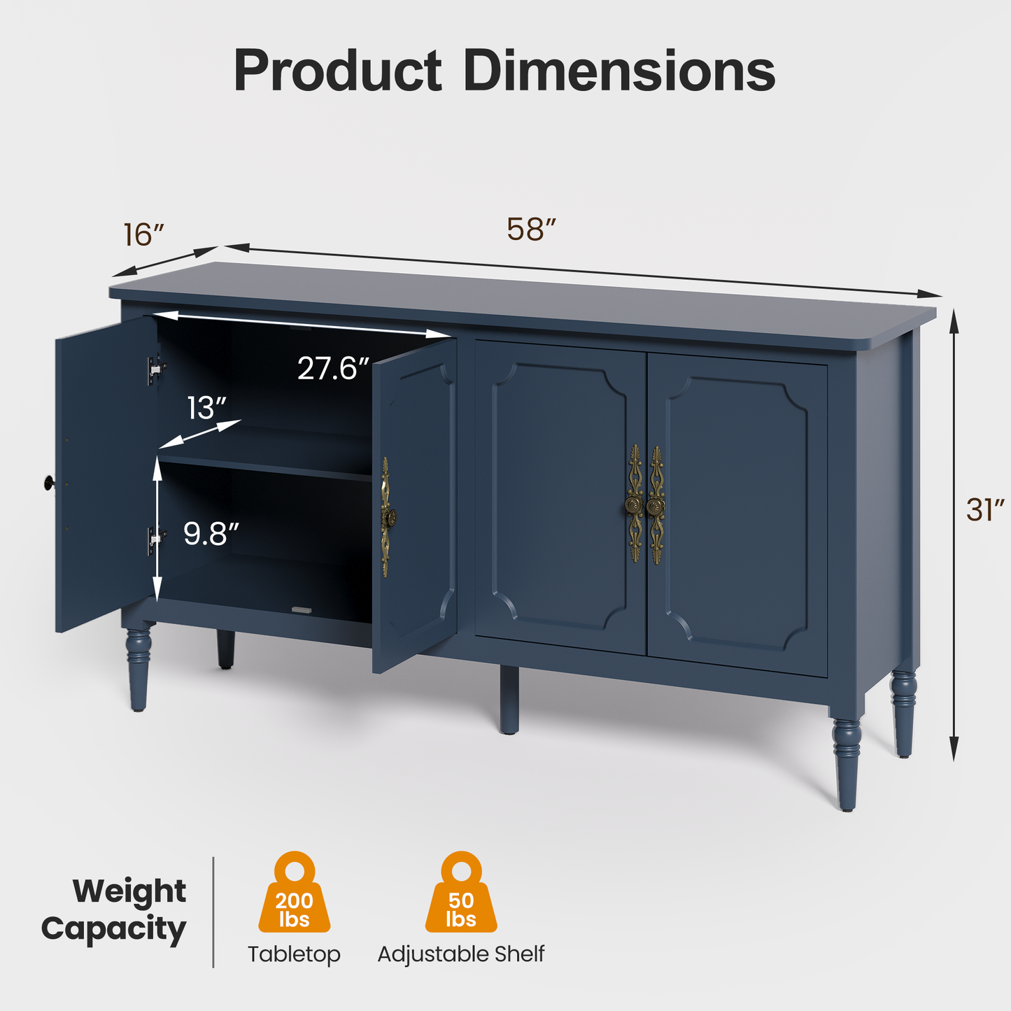 Console Cabinet, 58'' Mid Century Modern Pantry Cabinet