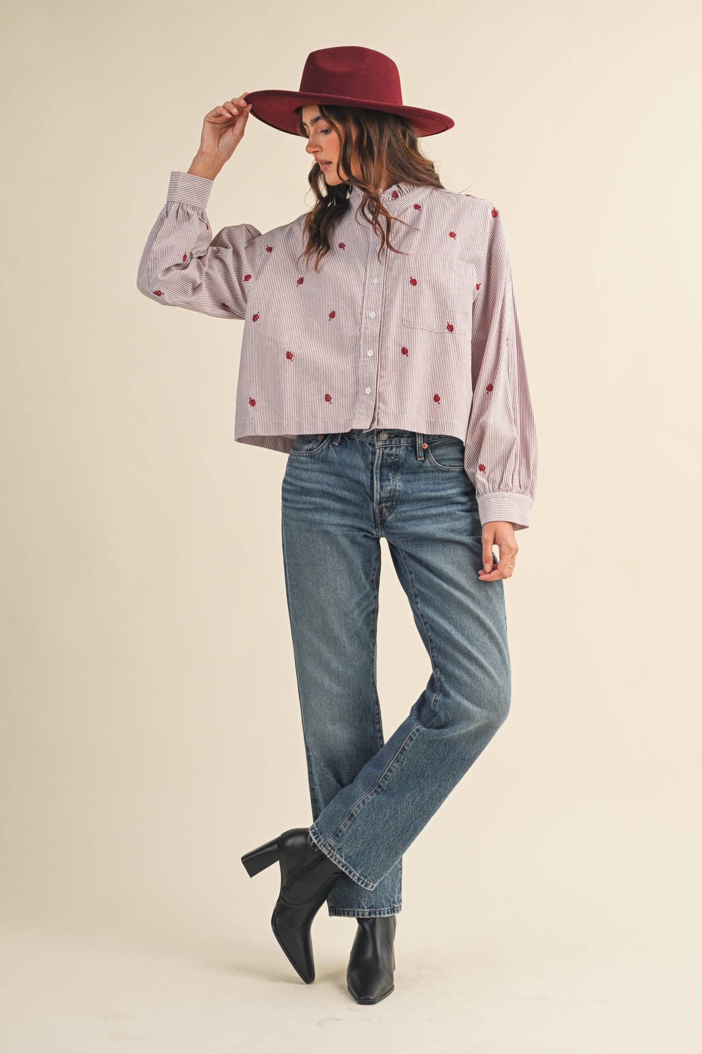EMBROIDERED MOCK NECK STRIPED BUTTON UP TOP