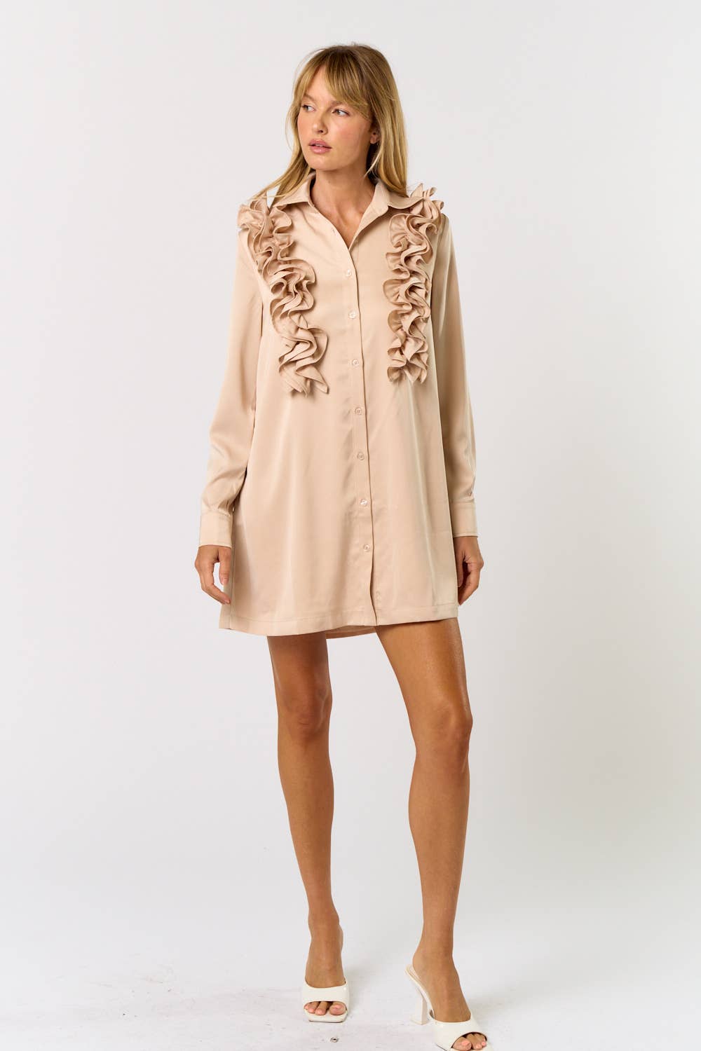 ILD4237 SATIN RUFFLE DETAIL BUTTON DOWN SHIRT DRESS