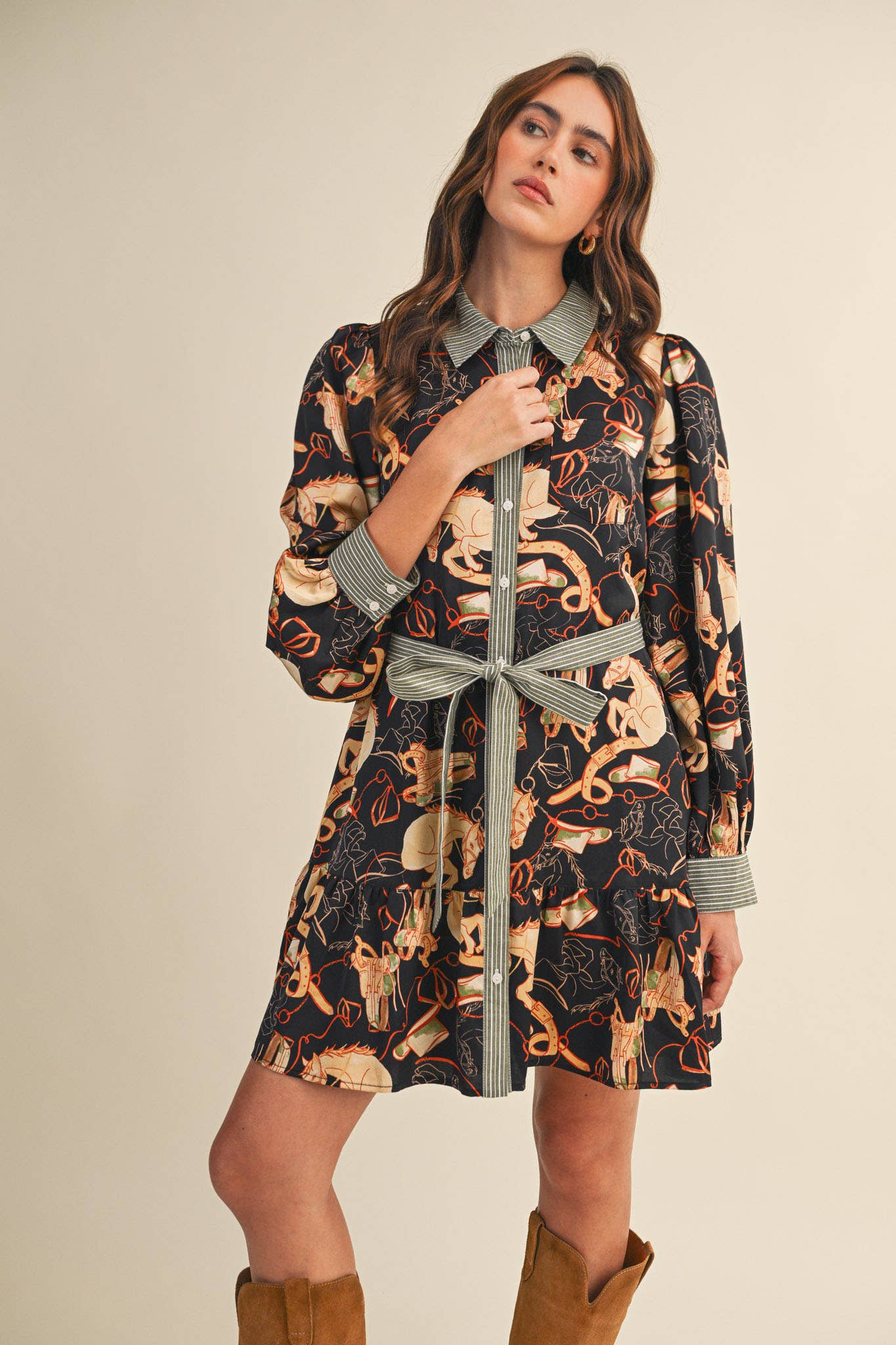 EXCLUSIVE MIXED PRINT BUTTON DOWN MINI DRESS