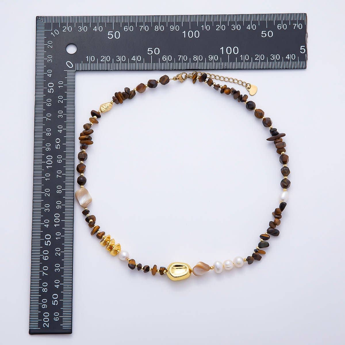 White Shell Pearl Tiger Eye Biwa Pebble Multifaceted Gemstone Chain 16 Inch Necklace