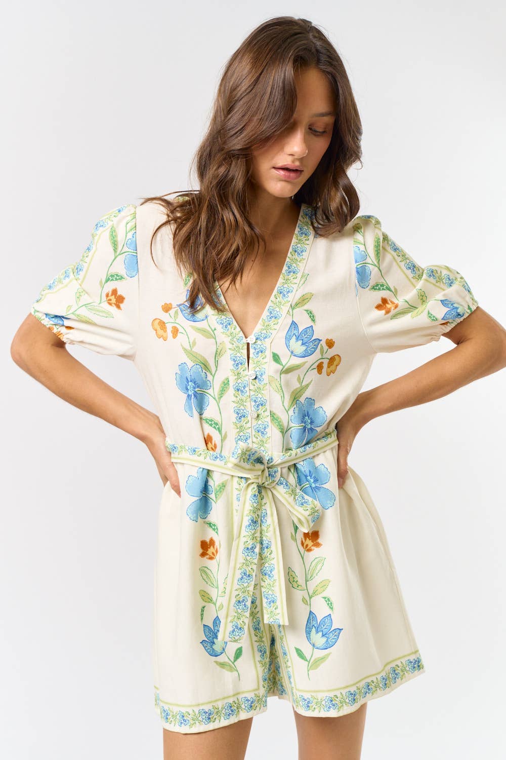 ILR5075 PRINTED SHORT PUFF SLEEVE ROMPER