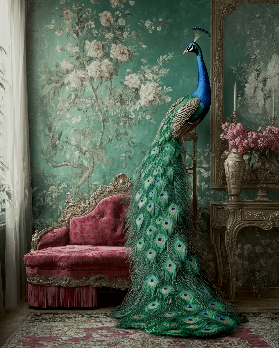 Peacock Morning - 8"x10" Artwork in 11″x14″ Brushed Silver Antique Frame