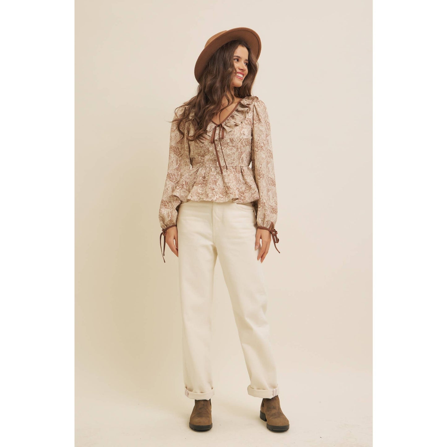 TOILE PRINTED BABYDOLL BLOUSE WITH BALLOON SLEEVES