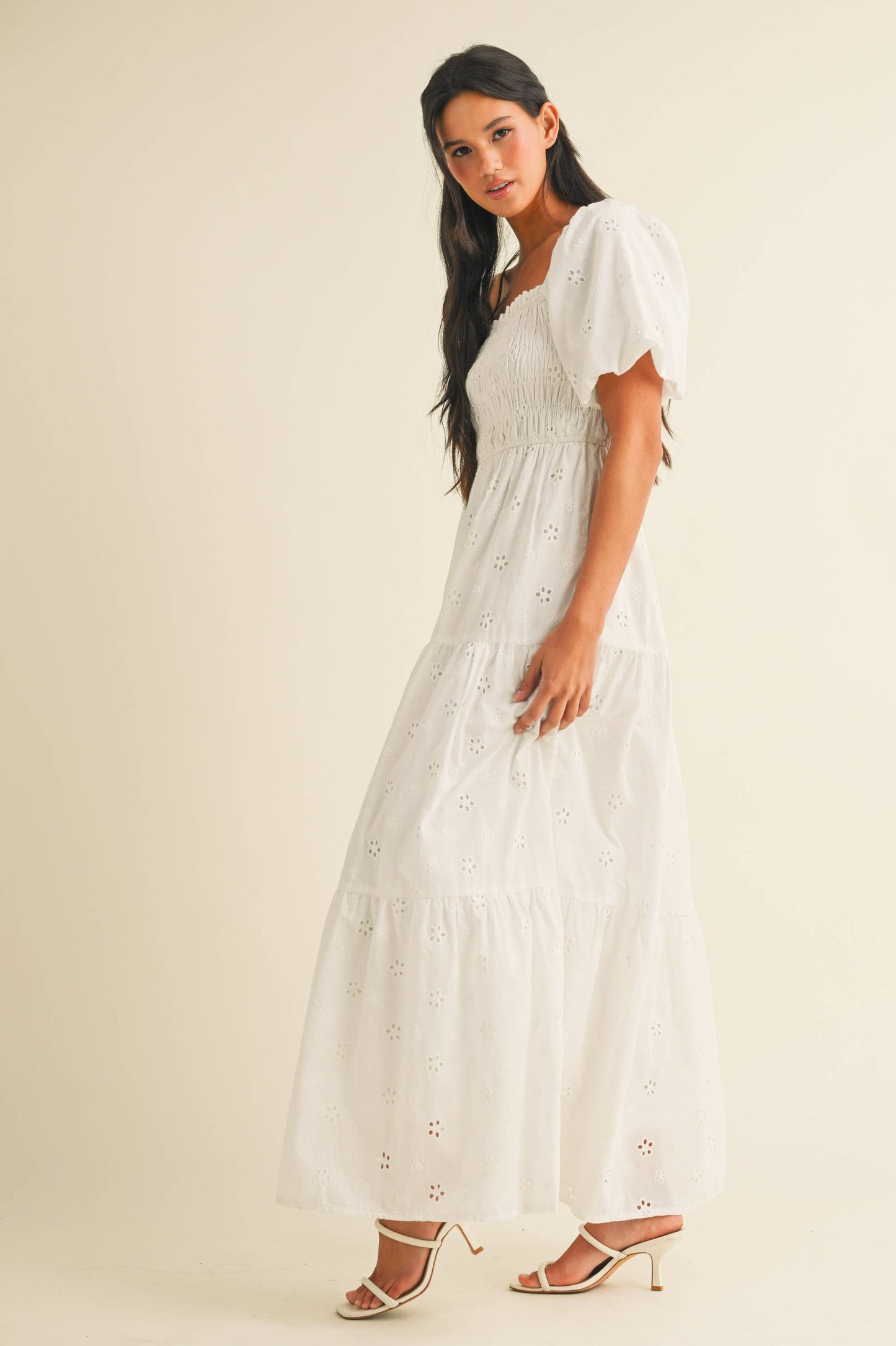 ID8852 EYELET PUFF SLEEVES MIDI DRESS WITH SMOCKING