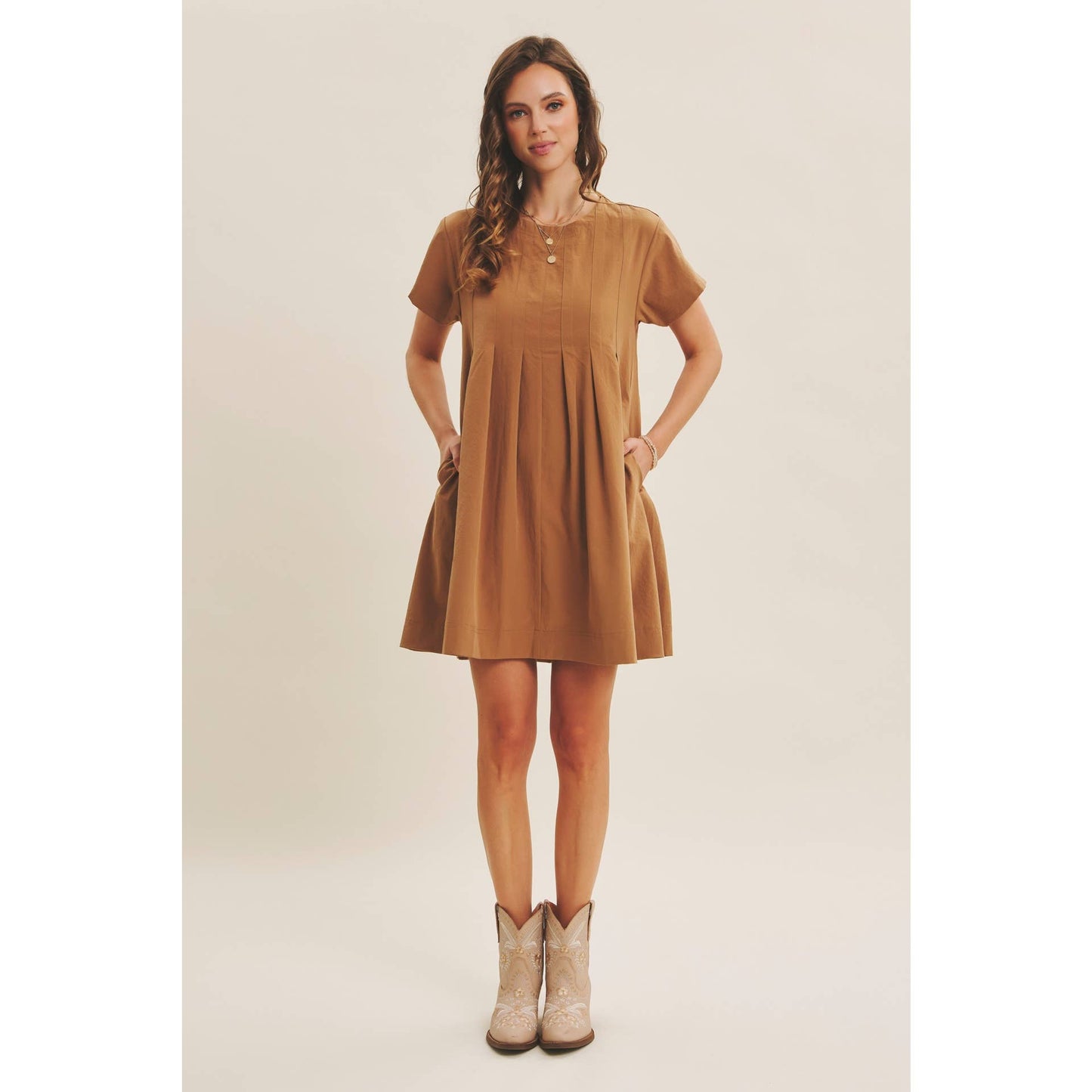 EASYGOING PLEATED DETAIL MINI DRESS WITH POCKETS