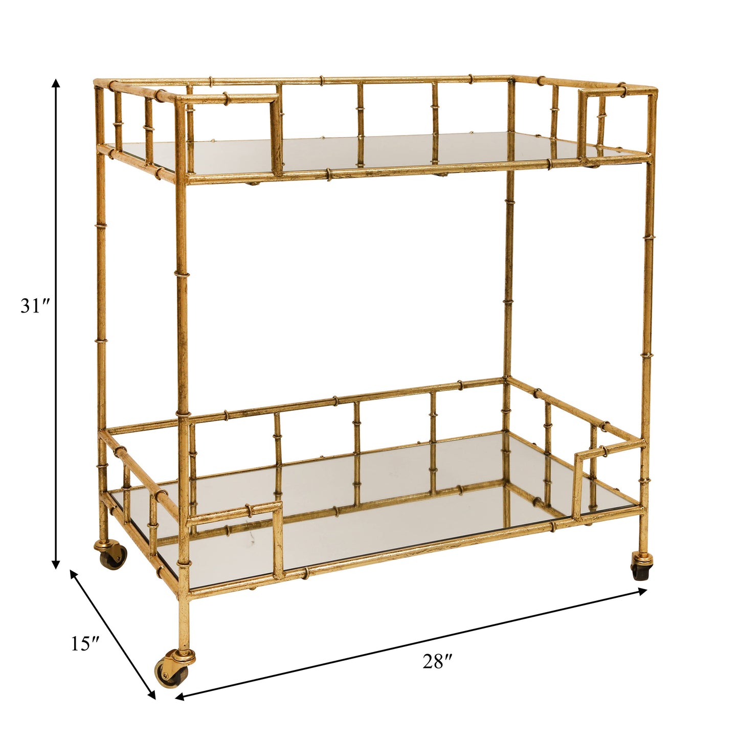 Gold 31x28 in. Metal Mirrored Top 2-Tier Gold Metal Bar Cart