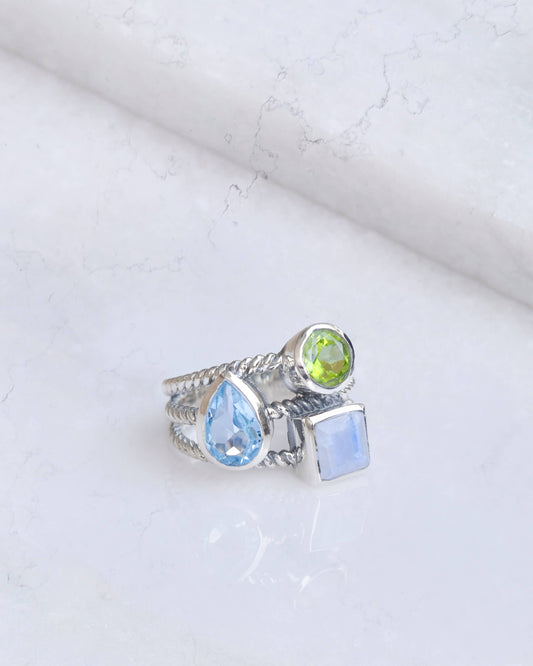 Blue Topaz Moonstone Rope Ring