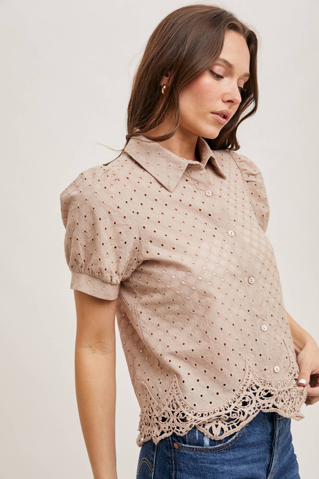 EYELET LACE TRIMMED BUBBLE SLEEVE SHIRT BLOUSE