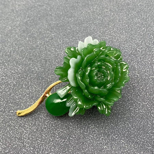 Green Resin Peony Flower Brooch