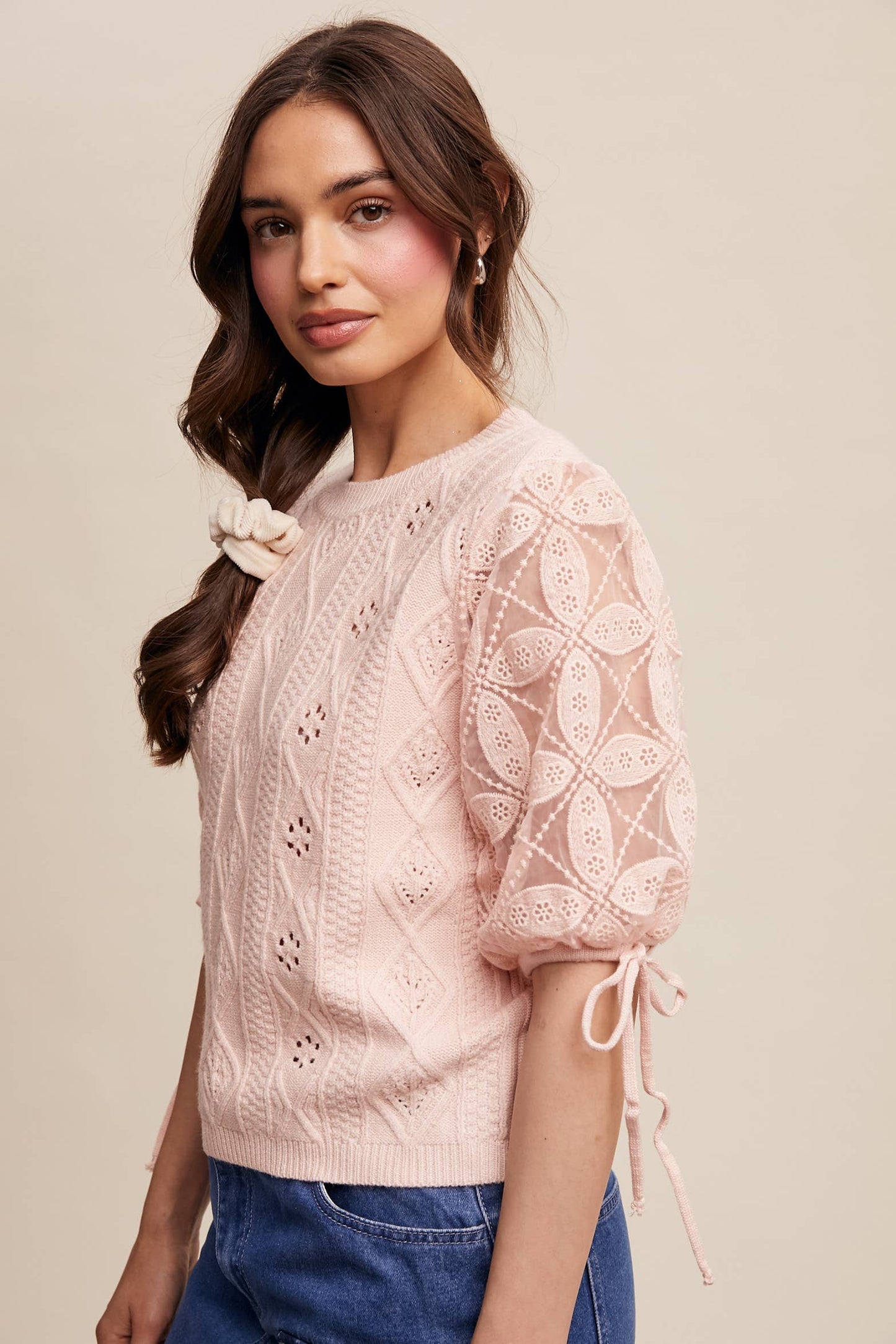 Eyelet Puff Sleeve Knit Sweater Top