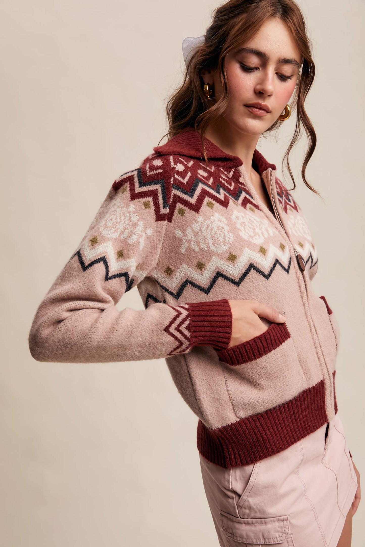 Retro Floral Knit Zip-Up Cardigan