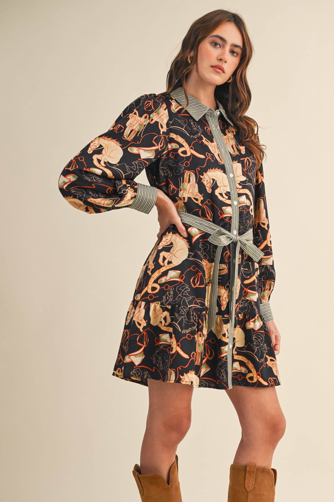 EXCLUSIVE MIXED PRINT BUTTON DOWN MINI DRESS