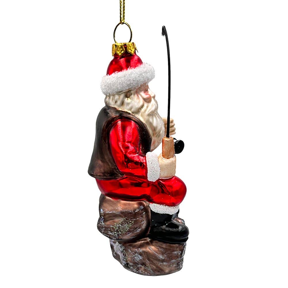 Relaxing Santa Claus Fishing Glass Ornament