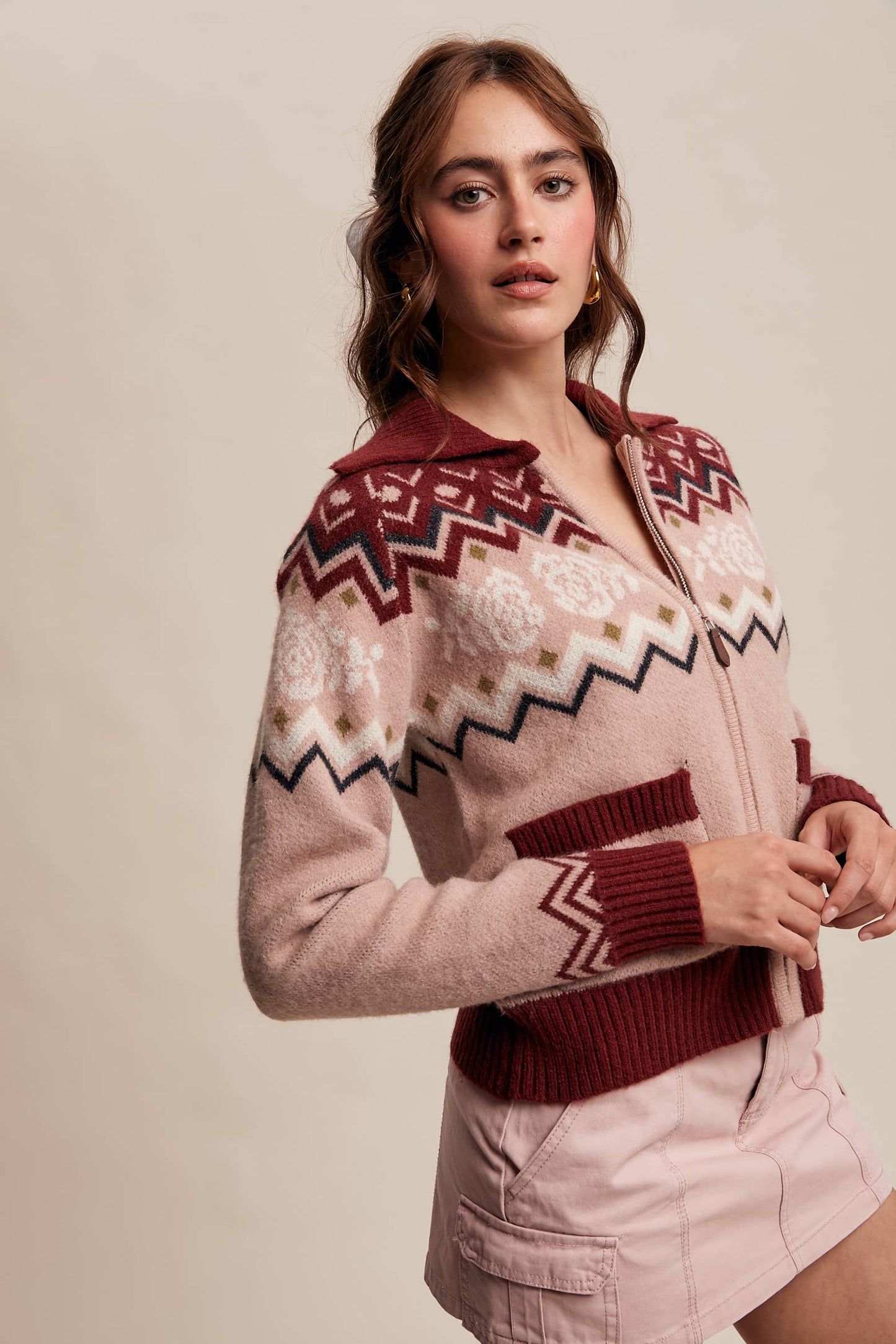 Retro Floral Knit Zip-Up Cardigan